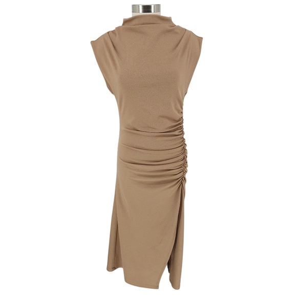 Anthropologie Maya Midi Sheath Dress Cedar Brown Sleeveless Ruched Petite PM - Picture 1 of 11